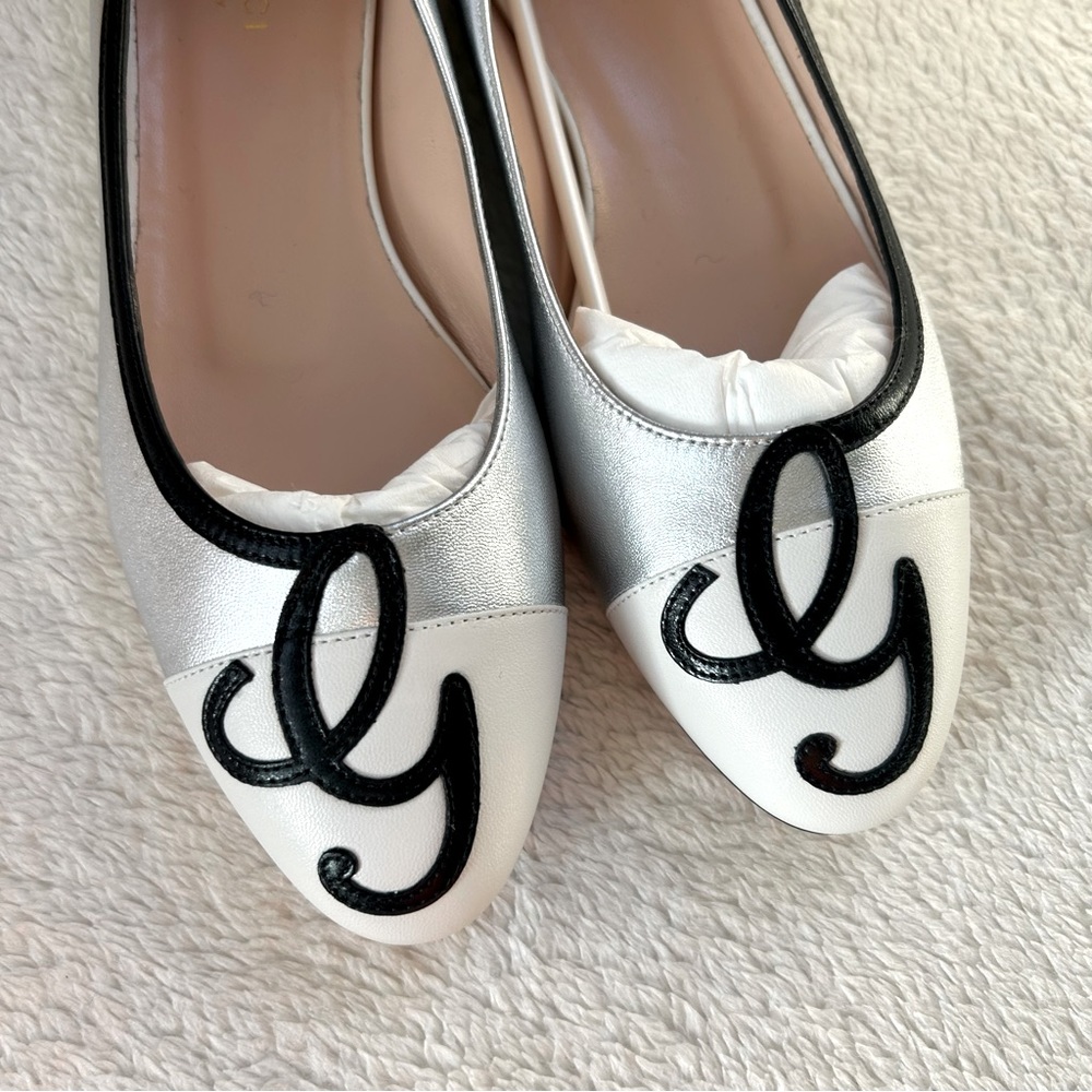 NIB Authentic Gucci Malaga Kid 2-tone Leather Pump Flats Silver White 37 - Picture 2 of 9
